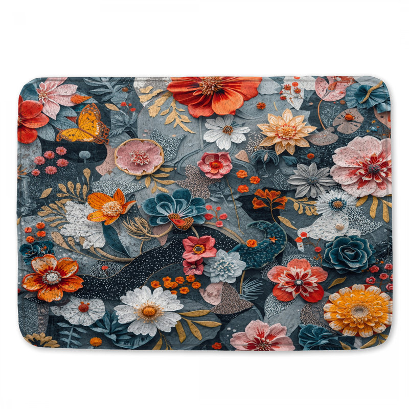 Colourful Floral Collage Bath Mat, 24in W x 17in L