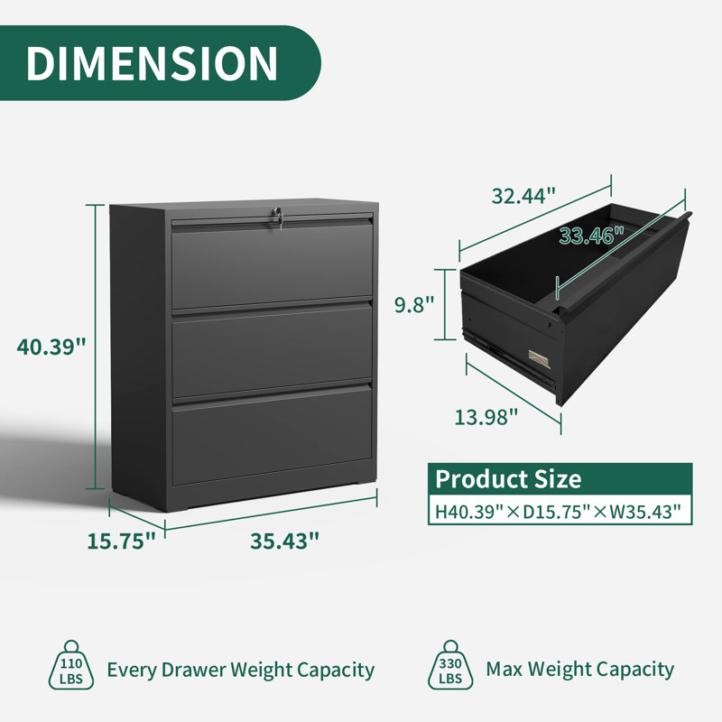 Black Steel 3-Drawer Lockable Lateral Filing Cabinet