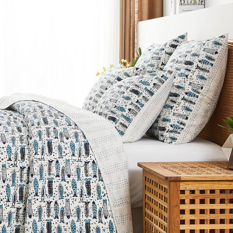 Handstitched Fish Print Kantha Sham