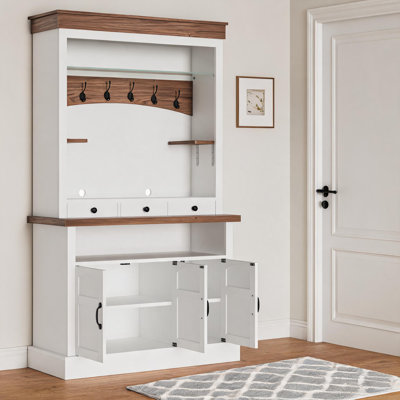 Armoire-bar 72 po à DEL avec 3 tiroirs, portes et tablettes réglables, largeur 42 po, noyer et blanc Farmhouse