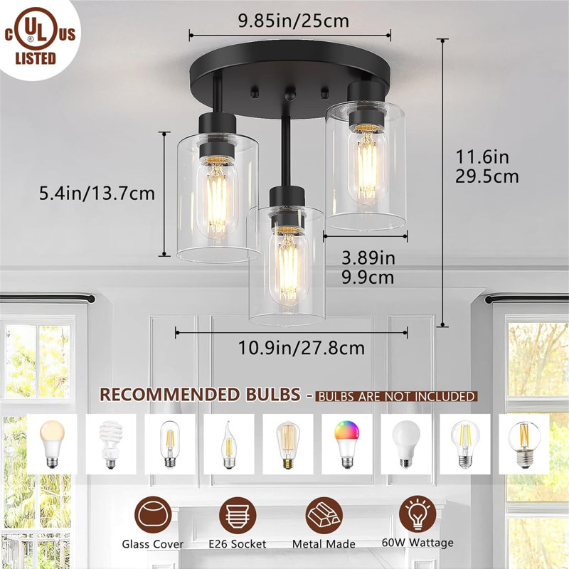 Plafonnier semi-encastré 3 lumières avec abat-jour en verre transparent, Noir mat