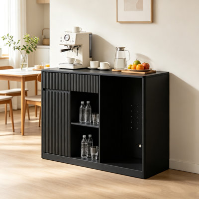 51.2" Fluted Bar Cabinet with Mini Fridge Space, Modern Coffee Station with Charging Hub & Wine Glass Rack, Black Buffet Sideboard for Home Liquor, Wine & Beverage Storage, Fridge Not Included
