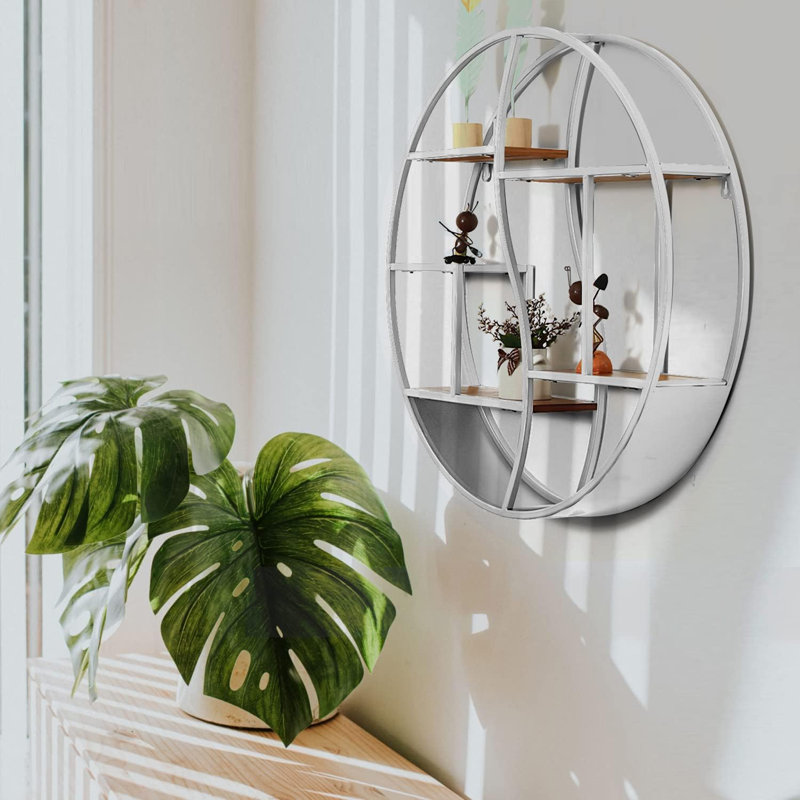Round Floating Shelf Wall Mounted - Metal Frame With Vintage Wood Display Organizer For Living Room, Bathroom, Fireplace Decor