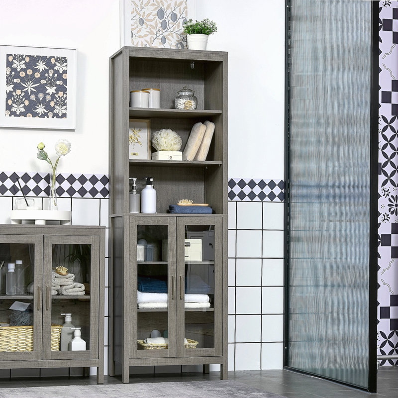 Armoire de rangement pour salle de bain avec tablettes réglables à 3 niveaux, armoire à porte en verre, tour à linge autoportante