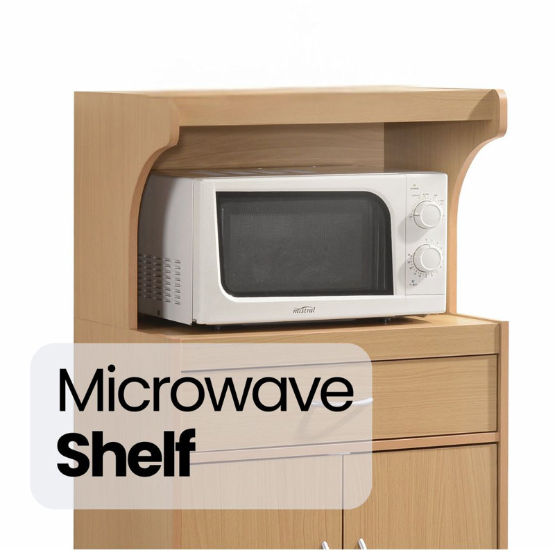 Rolling Kitchen Cart with  Microwave Shelf, Utensil Drawer, Interior Cabinet Storage Space and Locking Wheels, Beech