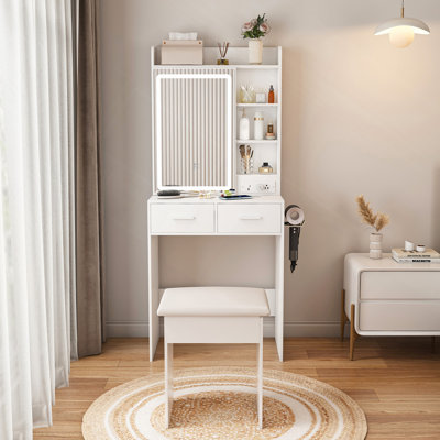 Small Makeup Vanity Desk With Mirror & Adjustable LED Lights,Built-In Power Outlet & Hidden Storage, Includes Padded Stool & Shelf,Space-Saving Dressing Table For Small Bedrooms