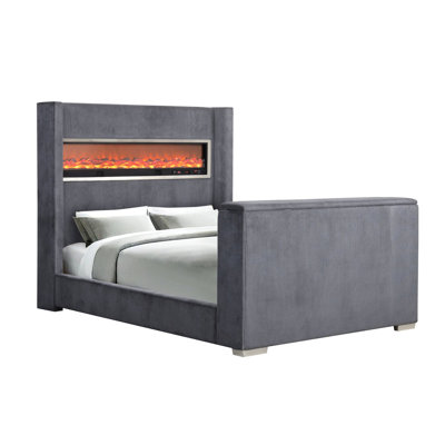 Contemporary, Gray Queen - Sized Bed, Wingback Design, 5 Level 3D Fireplace, Tv Lift, Audio Connectivity Contemporary Style, Headboard, 13 Color Fireplace Simulator, Lift