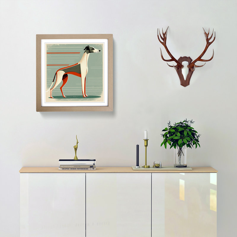 Greyhound Dog Mid-Century - Single Picture Frame Print on Wood, Oak