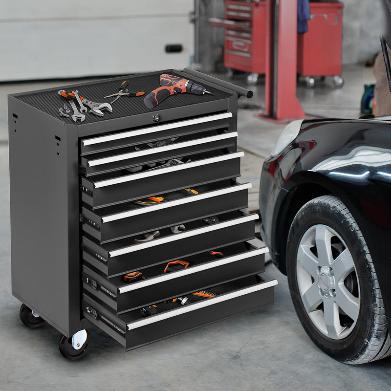 Coffre à outils roulant 7 tiroirs, coffre à outils verrouillable avec roulettes verrouillables, coffre à outils en métal de grande capacité avec tiroirs, coffre à outils pour garage atelier, rouge