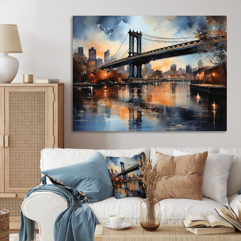 «Teal Bridge Urban Reflections Slate», reproduction sur toile, H 24 po x l 32 po x P 1 po, Toile tendue