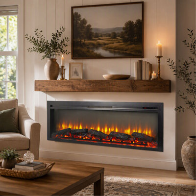 Foyer électrique mural encastré de 137 cm (54 po) avec télécommande, flammes multicolores et lit de braises