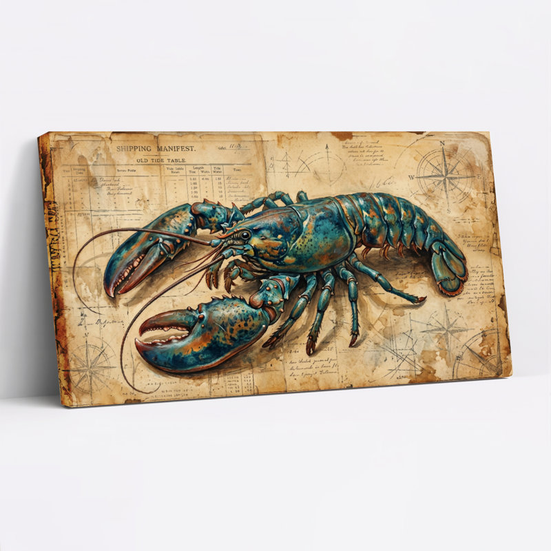 Ensemble de 1 tableau sur toile représentant une carte du homard, L 40 po x H 20 po, Toile tendue