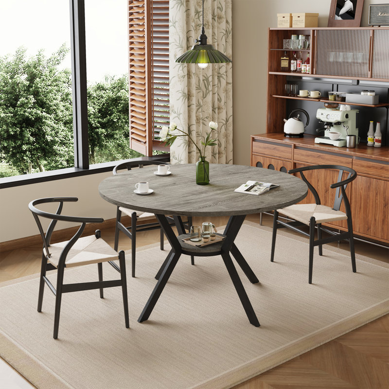 Table de salle à manger 42 pouces avec tablette de rangement pour 4 personnes, Chêne gris
