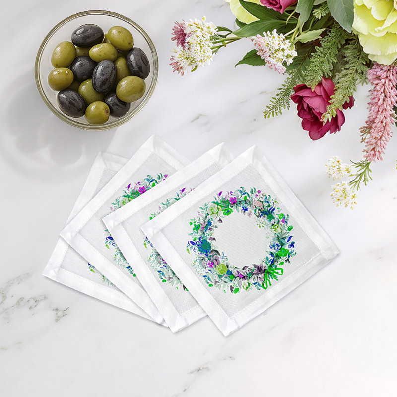 Wreath Flowers Cotton Sateen Cocktail Napkins, Blue