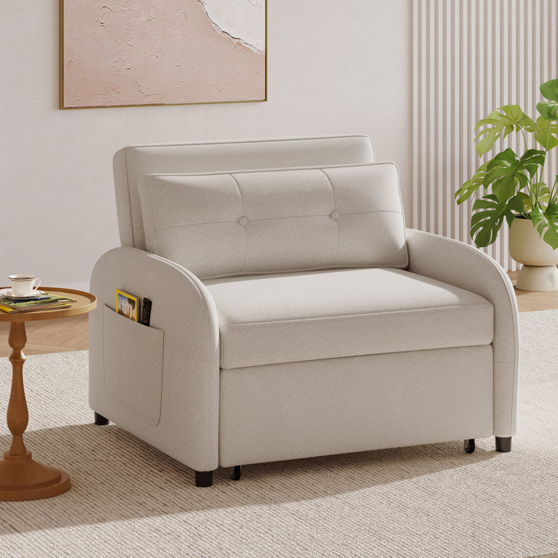 Canapé-lit convertible 3-en-1: causeuse en lin de coton doux, fauteuil-lit, oreiller et poche latérale, Beige