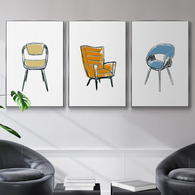 «Take a siège I», ensemble de 3 reproductions encadrées sur toile, H 48 po x l 96 po x P 2 po, Encadrement argenté