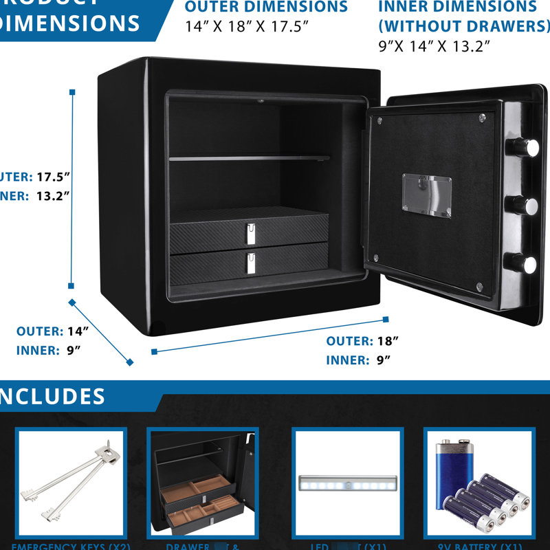 Coffre-fort sécuritaire de 1,01 pi³ noir - idéal pour le rangement d'argent et de bijoux en acier avec tiroir doublé en suède et tablette amovible