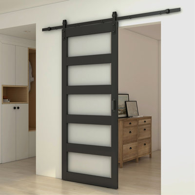 Porte de grange coulissante intérieure avec ensemble de quincaillerie en verre trempé givré 5-Lite 36 po x 84 po 5-Lite