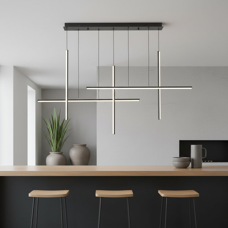 59 Inch Modern Line Rectangle LED Pendant Light Aluminum Suspension Dimming Island Kitchen Light, Matte Black