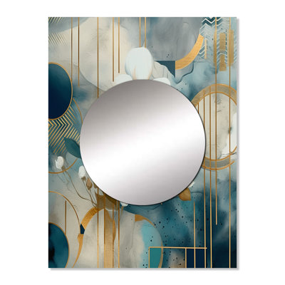 Broglen Golden Blue Mosaic Floral Design III - Floral Wall Mirror, Traditional Decorative Mirror, Printed Metal Art