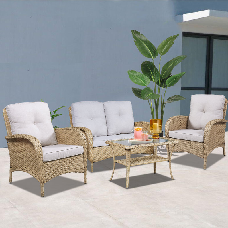 Ensemble de conversation avec canapé en rotin et coussins 4 pièces Aluel, Naturel / Beige
