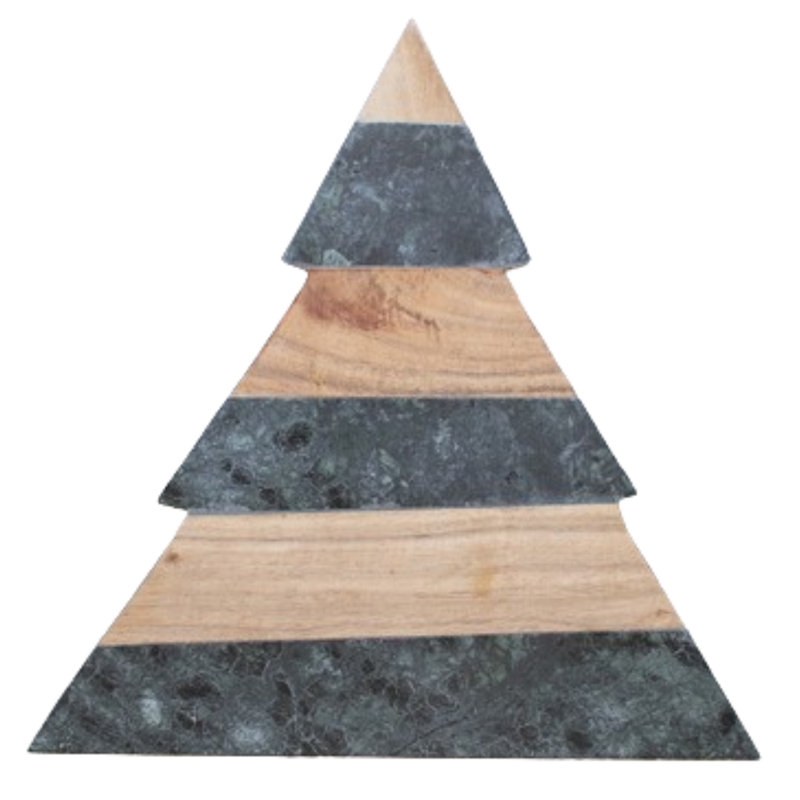  Christmas Tree Marble & Acacia Wood Cutting Board – 13" Holiday Serving Board, Green