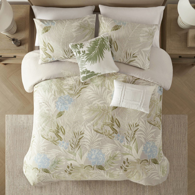 Housse de couette en coton 5 pièces pour imprimé botanique tropical / grand, fermeture à boutons, attaches intérieures, coussins tricotés avec coussins brodés, motif bleu, lavage à la machine, étiquetés