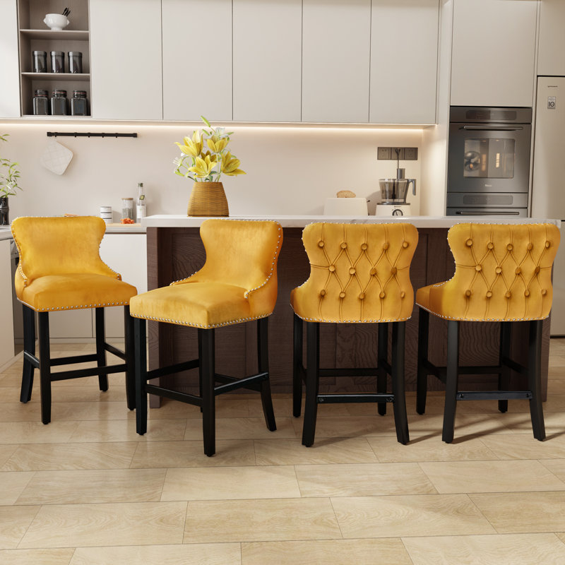 Modern Velvet Upholstered Bar Stools Counter Height Barstools Set of 2, Yellow