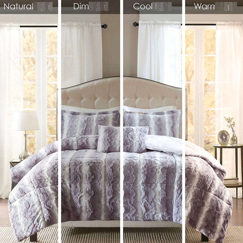Tête de lit double / grand en fausse fourrure grise, Édredon pour lit double / grand lit + 3 pièces s, Gris