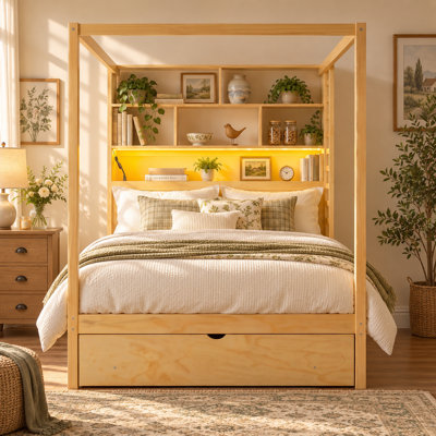 Geng Full Wooden Canopy Bed with 6 Underbed Cubbies, Pull-Out Footboard Drawer & Bookcase Headboard, 550 LBS Heavy Duty