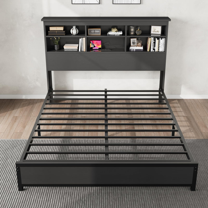 Full Size Bed Frame with Bookcase Headboard. 2-tier Storage Full Platform Bed with Charging Station. No Box Spring Needed Easy Assemble Black Mattress
