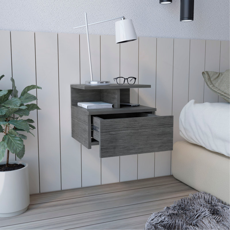 Adele Floating Nightstand with Drawer and Open Storage Shelves, Smoke Gray