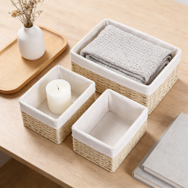 Hand-Woven Wicker Storage Baskets Set Of 3 With Handles, Decorative And Stackable Organizing Bins For Bathroom, Shelves, Closet, And Home Decor