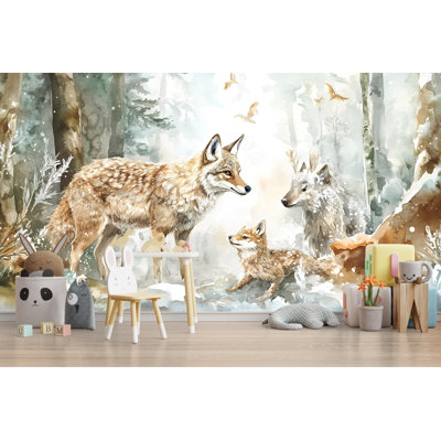 «Winter Forest Wildlife Mural», aquarelle, loups et cerf, art mural Cozy Lodge and Cabin