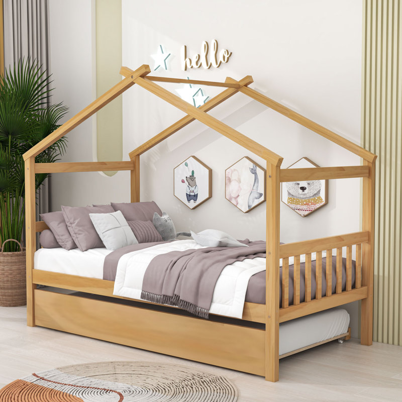 Lit de jour en bois avec lit gigogne simple, pieds et lattes, Simple, Naturel