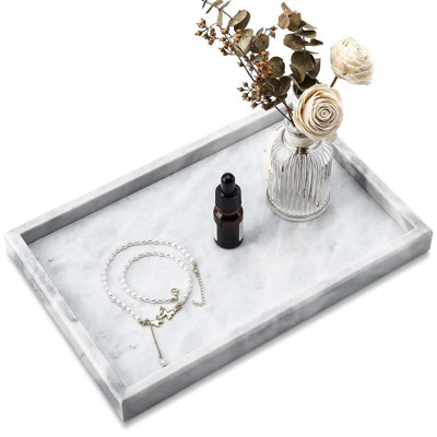 Natural Marble Tray Rectangle Stone Organizer with Unique Veining for Bathroom Vanity Kitchen and Home Decor