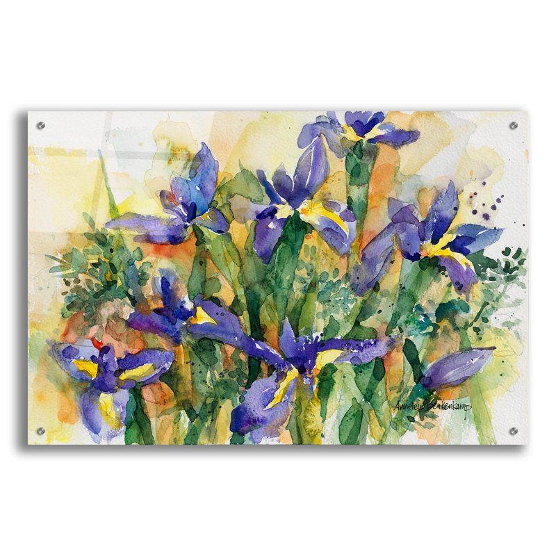 «Indelible Irises» par Annelein Beukenkamp, art mural en verre acrylique, H 24 po x l 36 po x P 0,2 po