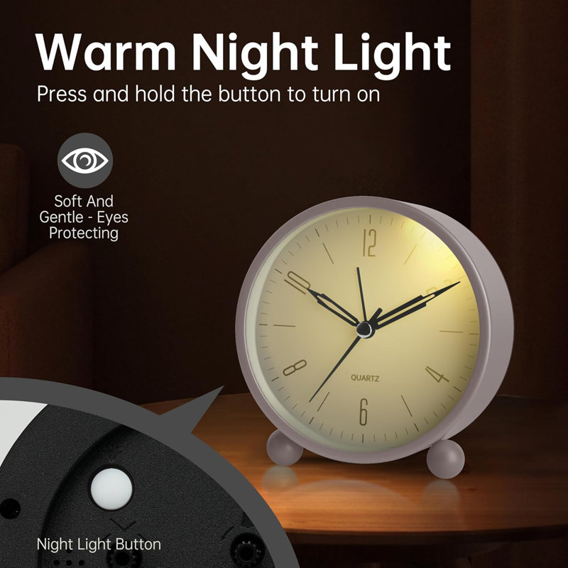 4 inch Silent Non Ticking Small Clock with Night Light, Analog Alarm Clock, White