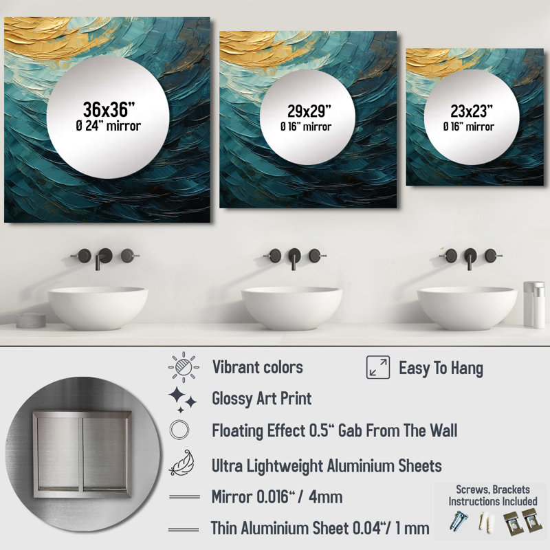 Teal Majestic Motion - Miroir abstrait à spirales abstraites pour décoration murale, 23 po x 23 po