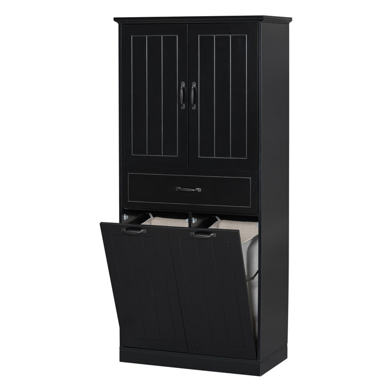 Bathroom Storage Cabinet With Two Laundry Baskets, Storage Cabinet With Doors And Drawer For Home, Black