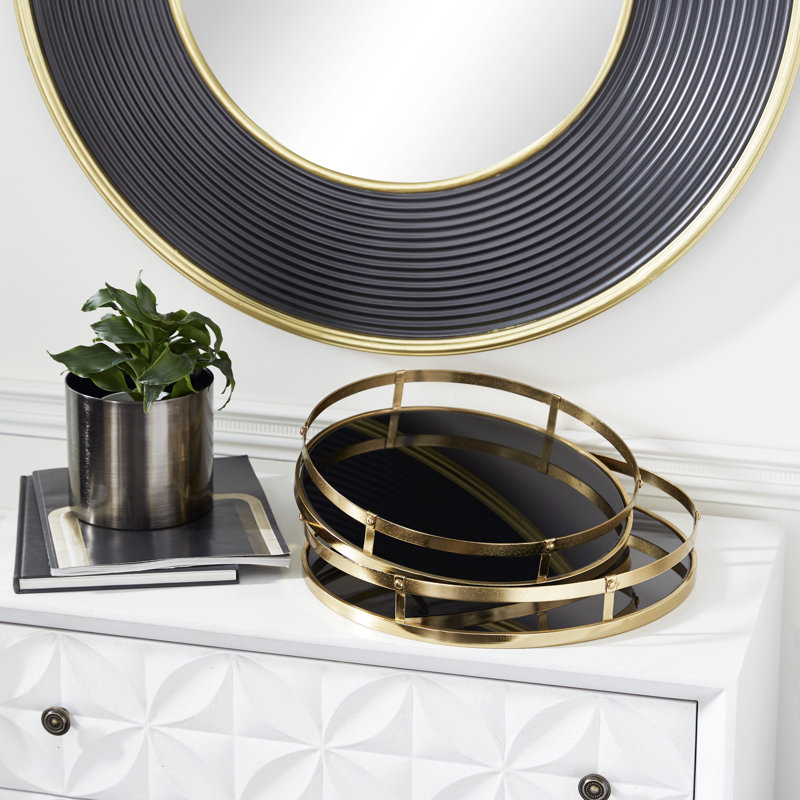 Round Gold Metal Trays With Black Glass Base, Set Of 2: 14", 16"