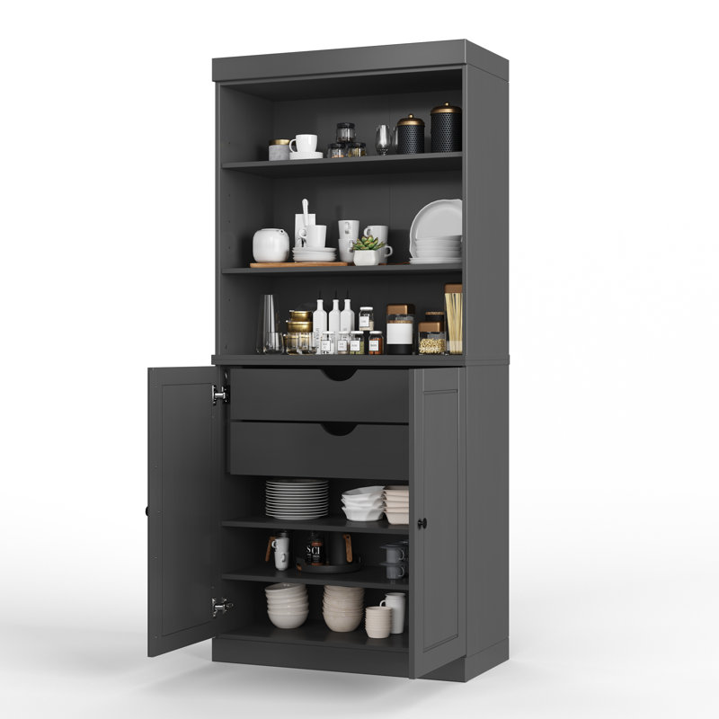 Garde-manger Birce 100% bois massif 32 po avec portes solides, 2 tiroirs et tablettes réglables, Gris