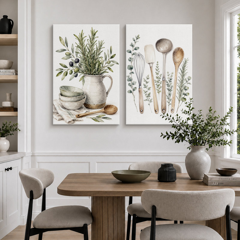 «Farmhouse Kitchen Herb and Utensil Artwork», images de cuisine, impression sur toile encadrée, 2 pièces, Wrapped Canvas