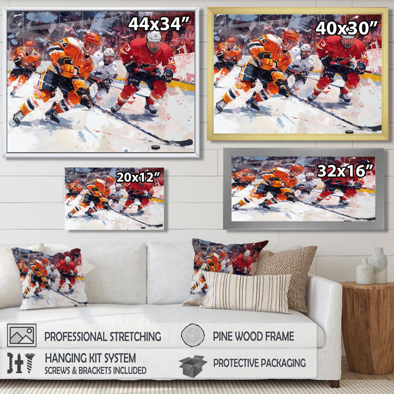 Hockey joueurs pendant les séries éliminatoires I - impression d'art mural de hockey sportif, Toile avec cadre flottant brun