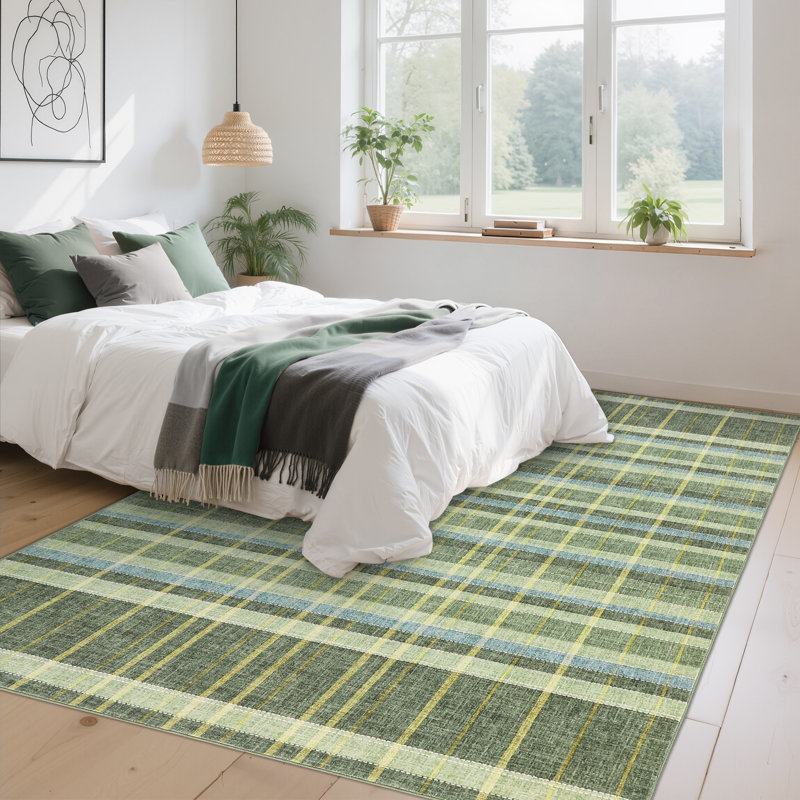 Tapis lavable à carreaux à poils courts avec envers antidérapant, Vert, 8*10ft