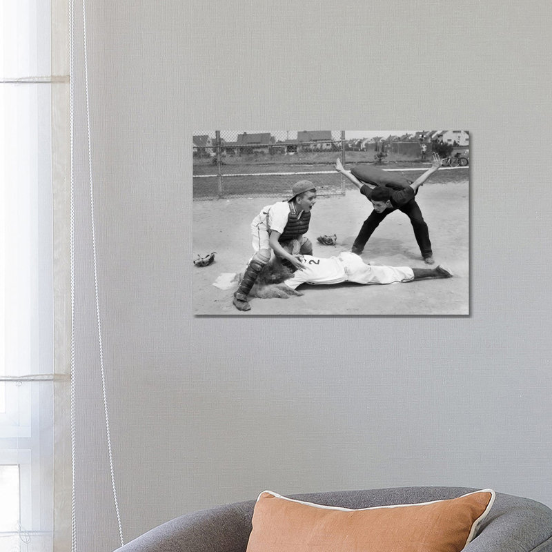 1950s Little League Umpire Calling Baseball Player Safe Sliding Into Home Plate - Wrapped Canvas Print