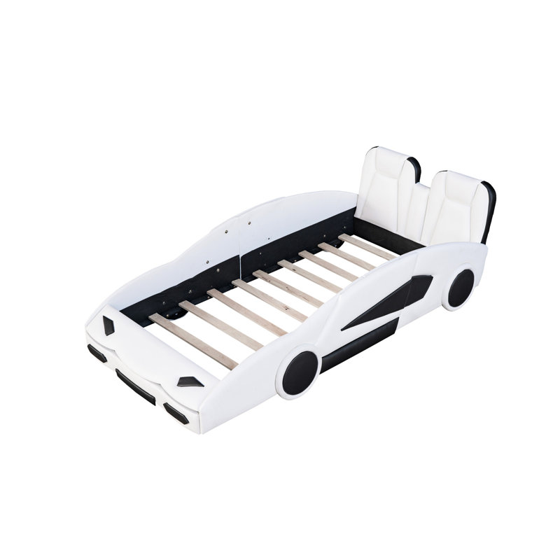 Twin Size Race Car-Shaped Bed With Rolling Feature Wheels, White - Comfortable Bedroom Furniture Bed, And Protected Sleeping Environment
