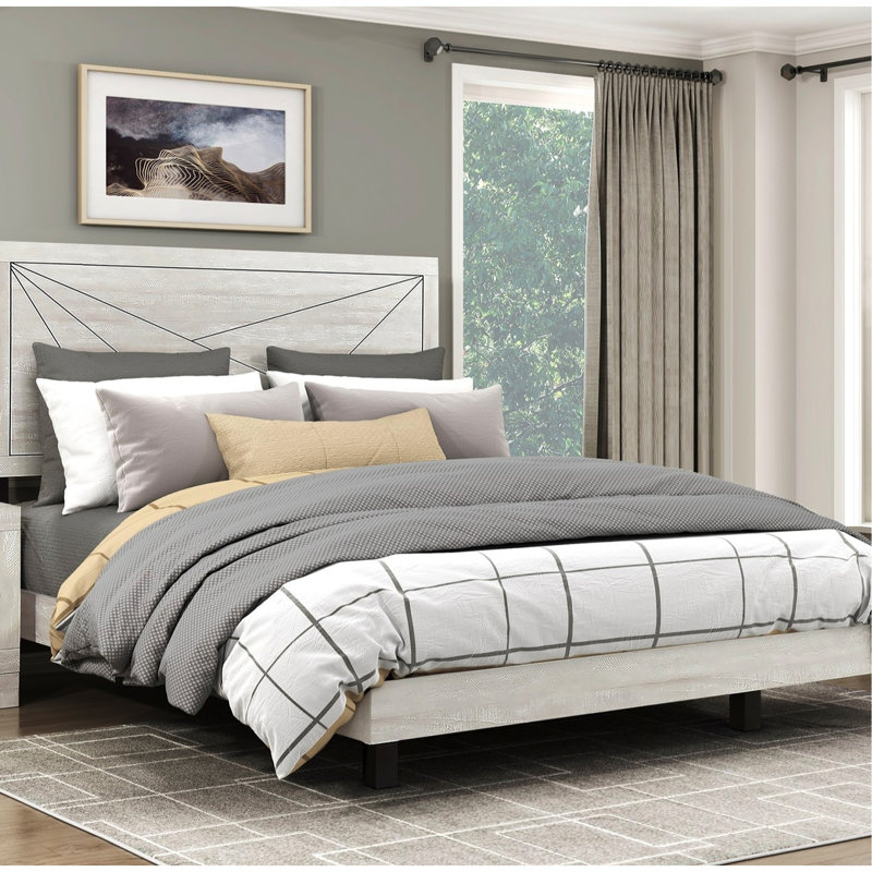 Lit moderne à panneau double en chêne gris poussiéreux, et élégant pour la chambre à coucher contemporaine, Lit double