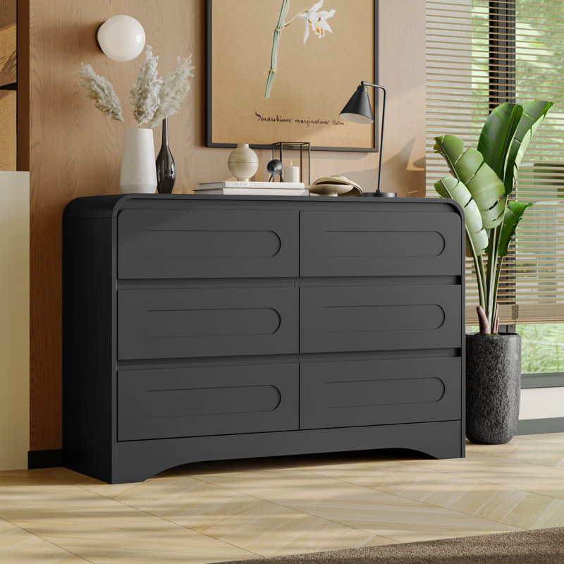Dresser For Bedroom, 47" Farmhouse Chest Of Drawers Organize, 6 Drawer Dresser, Curved Edge Design, Farmhouse Style Dresser For Bedroom, Living Room, Or Hallway