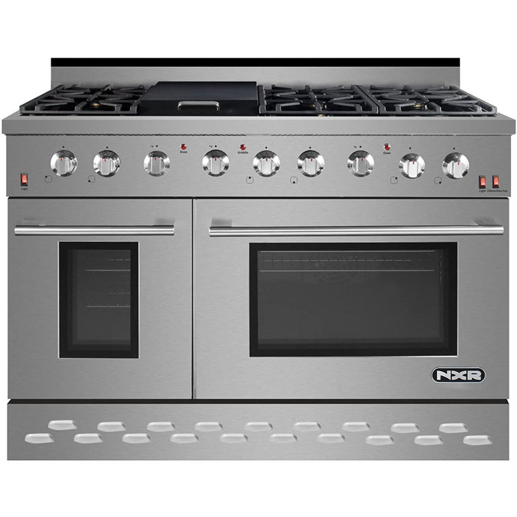 2 Piece Kitchen Package with Liquid Propane 48" 7.2 cu. ft. Freestanding Gas Range with Griddle and Hood